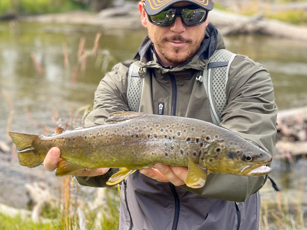 Fly fisherman casting for brown trout in a remote Tierra del Fuego river
